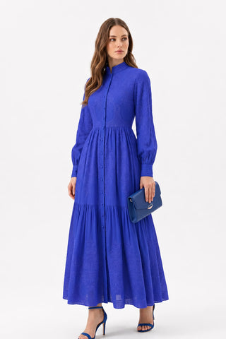 Fiore Blu Pearl Button Cotton Embroidered Voile Evening Dress