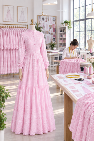 Perla Rossa Women's Dress with Pearl Buttons and Pink Rose Pattern