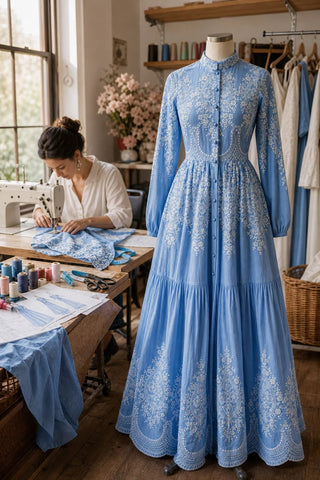 Perla Blu Pearl Buttoned Blue and White Patterned Women's Dress - Muslima Wear Official online shopping website