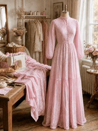 Perla Rossa Women's Dress with Pearl Buttons and Pink Rose Pattern - Muslima Wear Official online shopping website
